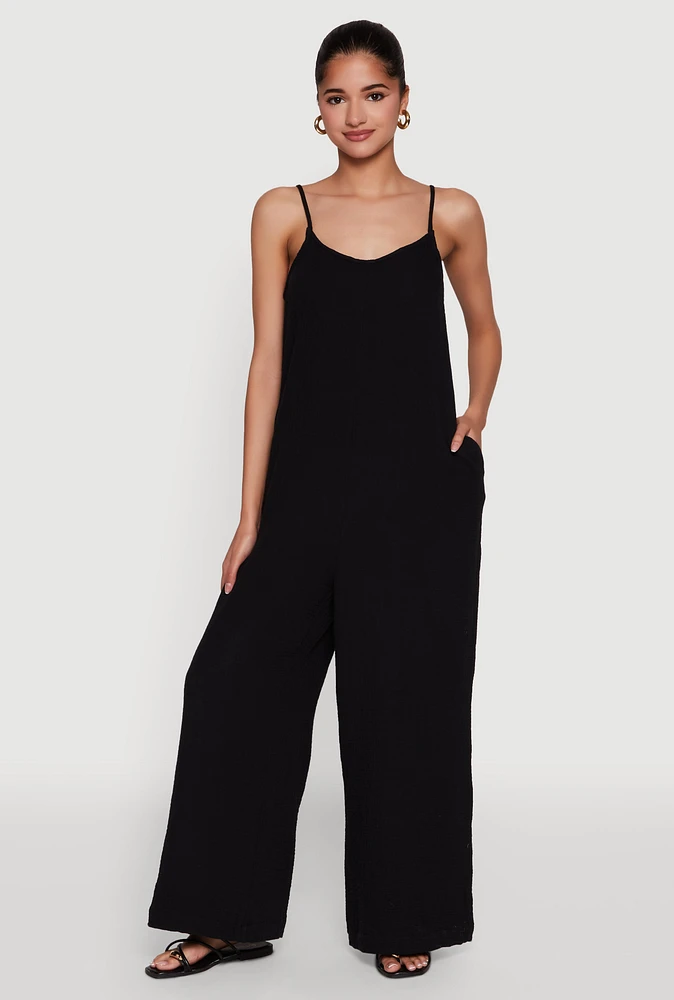 Womens Gauze Knit Wide Leg Jumpsuit, S