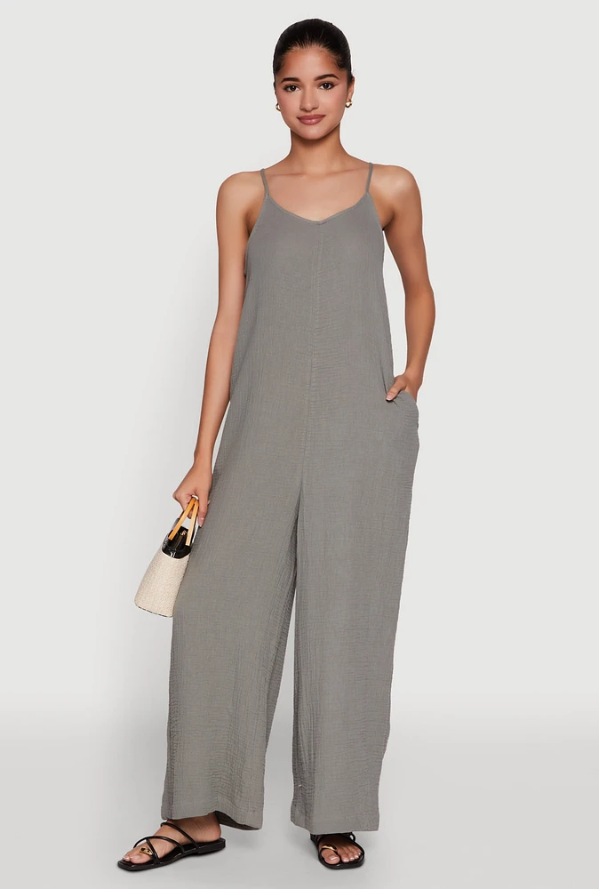 Womens Gauze Knit Wide Leg Jumpsuit, Grey, Size L