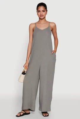 Womens Gauze Knit Wide Leg Jumpsuit, Grey, Size L