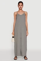 Womens Gauze Knit Wide Leg Jumpsuit, Grey, Size L