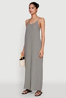 Womens Gauze Knit Wide Leg Jumpsuit, Grey, Size L
