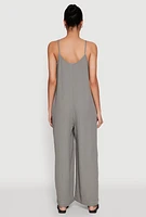 Womens Gauze Knit Wide Leg Jumpsuit, Grey, Size L