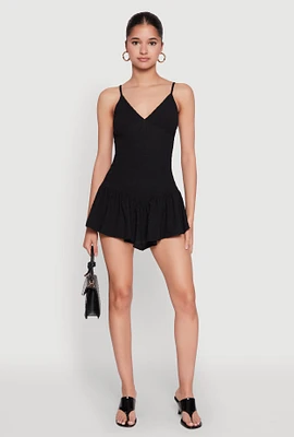 Womens V Neck Ruffle Cami Romper, Black, Size L