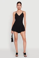 Womens V Neck Ruffle Cami Romper, Black, Size L