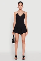 Womens V Neck Ruffle Cami Romper, Black, Size L
