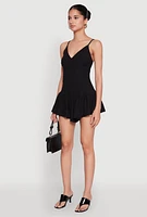 Womens V Neck Ruffle Cami Romper, Black, Size L