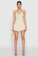 Womens V Neck Ruffle Cami Romper, Beige, Size L