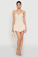 Womens V Neck Ruffle Cami Romper, Beige, Size L