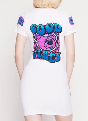 Womens Good Vibes Notch Neck T Shirt Dress, White, Size L