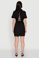 Womens Lace Up Back Button Front Cut Out Mini Dress,