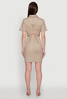 Womens Lace Up Back Button Front Cut Out Mini Dress, S