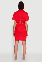 Womens Lace Up Back Button Front Cut Out Mini Dress, Red, Size S