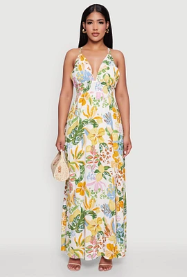 Womens Chic Floral Sleeveless Sundress with Side Slit and Caged Back, Multi, Size S