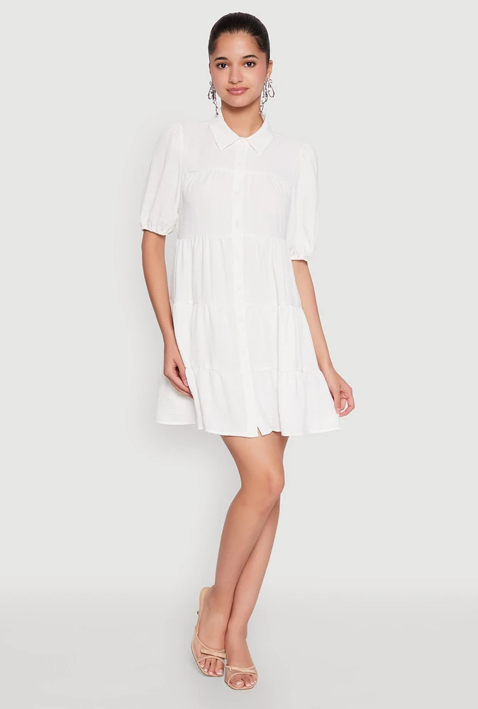 Womens Airy Button Front Tiered Mini Dress,