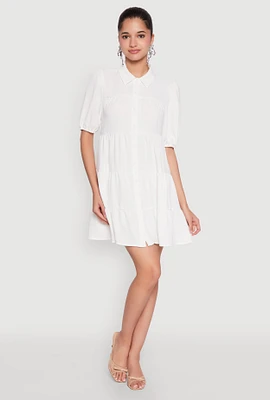 Womens Airy Button Front Tiered Mini Dress,