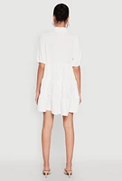 Womens Airy Button Front Tiered Mini Dress,
