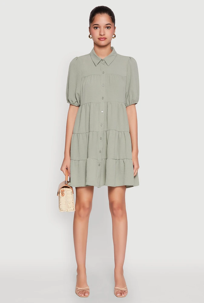 Womens Airy Button Front Tiered Mini Dress, Green,