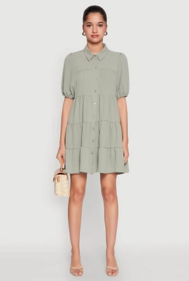 Womens Airy Button Front Tiered Mini Dress, Green,