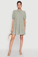 Womens Airy Button Front Tiered Mini Dress, Green,