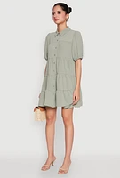 Womens Airy Button Front Tiered Mini Dress, Green,