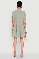 Womens Airy Button Front Tiered Mini Dress, Green,