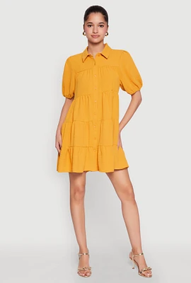 Womens Airy Button Front Tiered Mini Dress, Yellow, Size XL