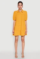 Womens Airy Button Front Tiered Mini Dress, Yellow, Size XL