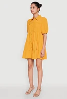 Womens Airy Button Front Tiered Mini Dress, Yellow, Size XL