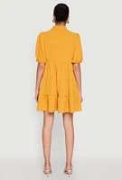 Womens Airy Button Front Tiered Mini Dress, Yellow, Size XL