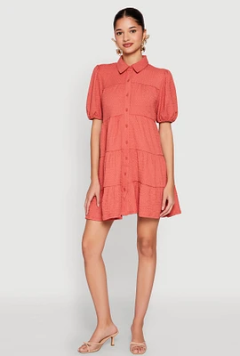 Womens Crepe Knit Button Front Tiered Dress, Orange, Size L
