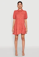 Womens Crepe Knit Button Front Tiered Dress, Orange, Size L