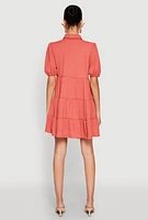 Womens Crepe Knit Button Front Tiered Dress, Orange, Size L