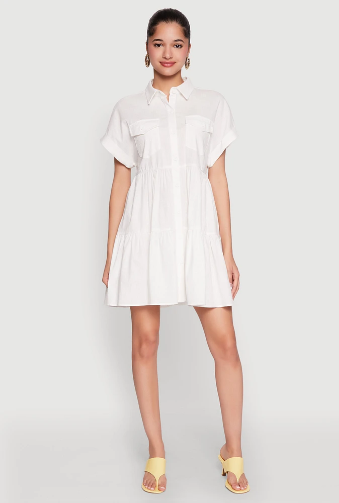 Womens Fixed Cuff Babydoll Shirt Dress, White, Size XL
