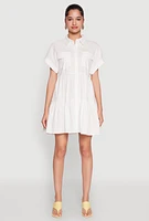 Womens Fixed Cuff Babydoll Shirt Dress, White, Size XL