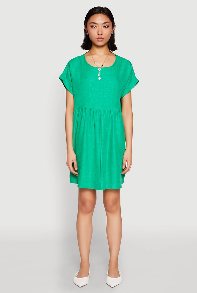 Womens Linen Fixed Cuff Babydoll Shift Dress, Green, Size XL