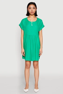 Womens Linen Fixed Cuff Babydoll Shift Dress, Green, Size XL