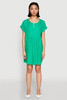 Womens Linen Fixed Cuff Babydoll Shift Dress, Green, Size XL