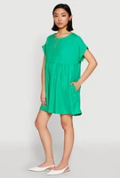 Womens Linen Fixed Cuff Babydoll Shift Dress,
