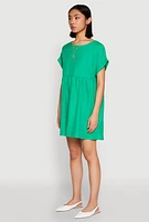 Womens Linen Fixed Cuff Babydoll Shift Dress, Green,