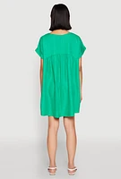 Womens Linen Fixed Cuff Babydoll Shift Dress, Green, Size XL