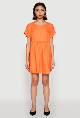 Womens Linen Fixed Cuff Babydoll Shift Dress, Orange, Size S