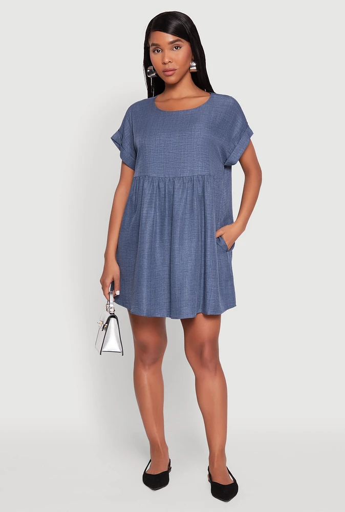 Womens Linen Fixed Cuff Babydoll Shift Dress, Blue, Size M