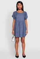 Womens Linen Fixed Cuff Babydoll Shift Dress, Blue,