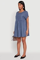 Womens Linen Fixed Cuff Babydoll Shift Dress, Blue,