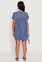 Womens Linen Fixed Cuff Babydoll Shift Dress, Blue,