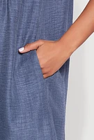 Womens Linen Fixed Cuff Babydoll Shift Dress, Blue, Size M