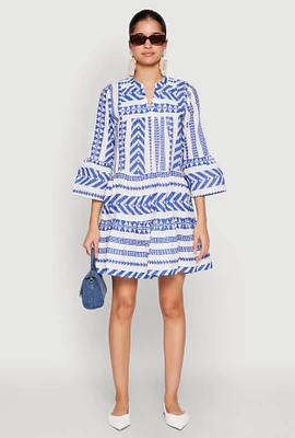 Womens Assorted Pattern Mandarin Collar Dress, Blue, Size S
