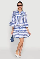 Womens Assorted Pattern Mandarin Collar Dress, Blue, Size S