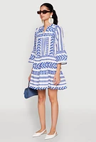 Womens Assorted Pattern Mandarin Collar Dress, Blue, Size S