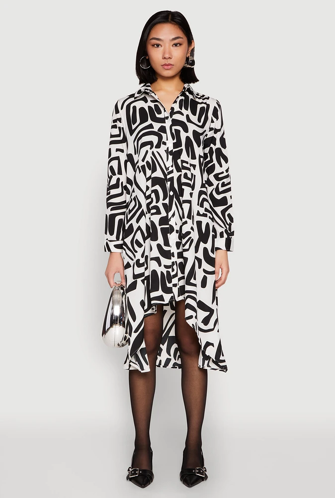 Womens Abstract Patterned High Low Shirt Dress, Multi,